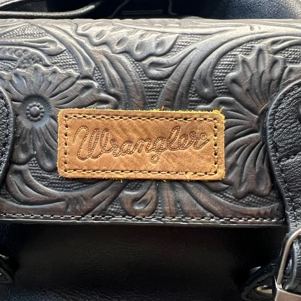 Wrangler Genuine Cowhide Tooled Floral Backpack Black Western Cowgirl Book Bag